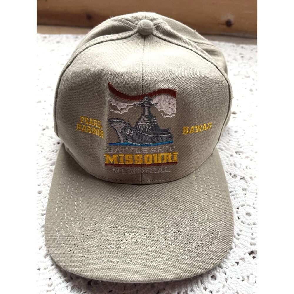 USS Missouri Battleship Memorial Hat Vintage Tan Pearl Harbor Hawaii Cap USA Mad